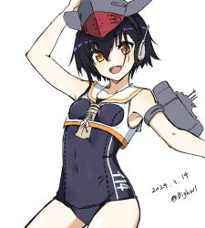 Rule 34 | 1girl, absurdres, asymmetrical hair, bigkwl, black hair, black one-piece swimsuit, breast cutout, brown eyes, brown neckerchief, character name, cowboy shot, dated, framed breasts, hair between eyes, hat, headphones, highres, i-14 (kancolle), kantai collection, looking at viewer, neckerchief, old school swimsuit, one-hour drawing challenge, one-piece swimsuit, sailor collar, school swimsuit, short hair, simple background, smile, solo, swimsuit, swimsuit under clothes, twitter username, white background, white sailor collar