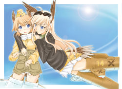 Rule 34 | 2girls, arm around shoulder, blonde hair, blue eyes, blush, garrison cap, goggles, hanna-justina marseille, hat, head wings, jacket, leather, leather jacket, looking at another, masana hatuse, military, military uniform, multiple girls, raisa pottgen, strike witches, striker unit, sun, tail, uniform, wings, witches of africa, world witches series
