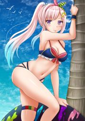 Rule 34 | 1girl, airani iofifteen, arm up, armpits, bare shoulders, bikini, blue bikini, breasts, cleavage, frilled bikini, frills, gradient hair, hairband, highres, hololive, hololive indonesia, kazenokaze, long hair, looking at viewer, medium breasts, multi-strapped bikini, multicolored hair, navel, outdoors, pink hair, ponytail, purple eyes, skindentation, sky, smile, solo, stomach, swimsuit, thigh strap, thighs, tongue, tongue out, tree, two-tone hair, virtual youtuber, wristband