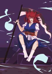 Rule 34 | 1girl, absurdres, ahoge, blue dress, boat, breasts, commentary request, dress, full body, ghost, hair bobbles, hair ornament, highres, holding, holding scythe, large breasts, looking at viewer, medium hair, onozuka komachi, open mouth, red eyes, red hair, scythe, short sleeves, sitting, socks, solo, tomori yukari, touhou, two side up, watercraft, white socks