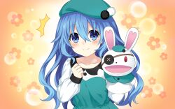 1girl alternate_costume aqua_dress aqua_hat beret blue_eyes blue_hair clenched_hand date_a_live date_a_live:_ren_dystopia dress eyepatch floral_background hand_puppet hat highres light_blush long_hair looking_at_viewer non-web_source puppet rabbit_puppet shirt smile upper_body white_shirt himekawa_yoshino yoshinon