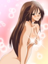 Rule 34 | 00s, 1girl, blush, breasts, brown eyes, brown hair, censored, censored nipples, convenient censoring, glowing, gradient background, highres, ichigo 100 percent, inabakun00, kitaooji satsuki, large breasts, leaning forward, light smile, long hair, looking at viewer, matching hair/eyes, nude, solo, sparkle, standing