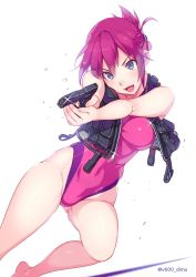 Rule 34 | 10s, 1girl, aiming, aiming at viewer, bad id, bad twitter id, blue eyes, folded ponytail, gun, handgun, holding, holding gun, holding weapon, one-piece swimsuit, pistol, rail wars!, red hair, sakurai aoi, solo, swimsuit, thighs, vania600, vest, weapon