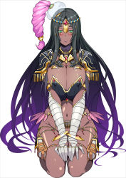 Rule 34 | 1girl, 846-gou, black hair, blush, breasts, breasts squeezed together, circlet, cleavage, covered erect nipples, dark-skinned female, dark skin, fate (series), green eyes, highres, large breasts, lips, long hair, looking at viewer, navel, scheherazade (fate), seiza, simple background, sitting, solo, thigh strap, thighs, very long hair, white background