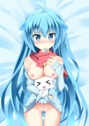 Rule 34 | &gt; &lt;, 1girl, absurdres, animal ears, bed sheet, bell, blue eyes, blue hair, blush, blush stickers, breast rest, breasts, catstudioinc (punepuni), condom, condom in mouth, condom wrapper, closed eyes, highres, long hair, looking at viewer, mouth hold, nipples, original, pussy, ribbed sweater, solo, sweater, uncensored, very long hair