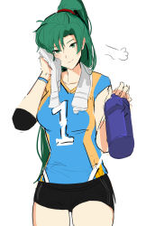 Rule 34 | 1girl, absurdres, bottle, fire emblem, fire emblem: the blazing blade, fire emblem heroes, green eyes, green hair, highres, long hair, lyn (fire emblem), nintendo, ormille, ponytail, shorts, solo, sportswear, thighs, towel, volleyball uniform, water bottle, white background