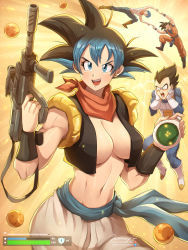 Rule 34 | 2boys, 2girls, :d, black hair, blue eyes, blue hair, blue sash, boots, breasts, bulma, cleavage, dougi, dragon ball, dragon ball (object), dragon ball super, dragon radar, fortnite, fusion, fusion dance, gloves, gradient hair, gun, hands on own face, highres, holding, holding gun, holding weapon, jammeryx, large breasts, metamoran vest, multicolored hair, multiple boys, multiple girls, muscular, muscular female, navel, no bra, open mouth, pants, sash, smile, son goku, spiked hair, surprised, v-shaped eyebrows, vegeta, weapon, white footwear, white gloves, white pants