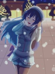 Rule 34 | 1girl, artist name, artist request, bare legs, beret, blue hair, blush, bow, breasts, capelet, checkered floor, christmas tree, collared capelet, detached sleeves, dress, dress bow, elbow sleeves, female focus, fingerless gloves, floor, frilled skirt, frills, fur-trimmed capelet, fur-trimmed dress, fur collar, fur trim, gloves, hair between eyes, half-closed eyes, hat, hat bow, highres, long hair, looking at viewer, love live!, love live! school idol festival, love live! school idol project, miniskirt, night, night sky, outdoors, parted lips, pink bow, pink skirt, plaid, plaid dress, plaid skirt, pleated, pleated dress, pleated skirt, pom pom (clothes), red bow, short shorts, short sleeves, shorts, shorts under skirt, skirt, sky, small breasts, smile, snow, snow halation, snowing, solo, sonoda umi, tree, white dress, white hat, white shorts, white skirt, winter clothes, yellow eyes