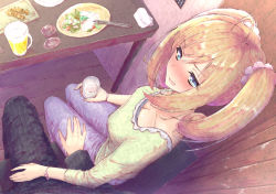 Rule 34 | 1boy, 1girl, ahoge, aramachi, black pants, blonde hair, blue eyes, blue pants, blush, bracelet, breasts, cleavage, cup, denim, drinking glass, drunk, from above, hair between eyes, hair ornament, hand on another&#039;s leg, highres, holding, holding cup, holding drinking glass, idolmaster, idolmaster cinderella girls, jeans, jewelry, long hair, medium breasts, open mouth, pants, sato shin, shirt, sitting, twintails, wooden floor