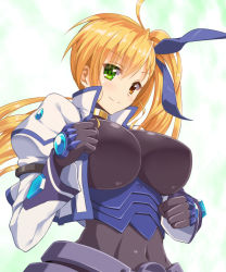 Rule 34 | 10s, 1girl, armor, blonde hair, blush, bodysuit, breasts, covered navel, cropped jacket, gem, green background, green eyes, hair ribbon, heterochromia, highres, huge breasts, impossible clothes, jacket, juliet sleeves, long hair, long sleeves, looking at viewer, lyrical nanoha, mahou shoujo lyrical nanoha vivid, puffy sleeves, red eyes, ribbon, shinki (shinki59), shiny clothes, side ponytail, smile, solo, vivio