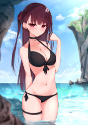 Rule 34 | 1girl, alternate costume, beach, bikini, black bikini, blue sky, blush, breasts, choker, cleavage, closed mouth, cloud, collarbone, commentary, day, girls&#039; frontline, groin, hair ribbon, half updo, hand up, highres, kanju, large breasts, light particles, long hair, looking at viewer, navel, ocean, one side up, outdoors, partially submerged, purple hair, red eyes, ribbon, rock, side-tie bikini bottom, sidelocks, sky, solo, stomach, sunlight, swimsuit, thigh strap, thighs, tsundere, tsurime, very long hair, wa2000 (girls&#039; frontline), wading, water, wavy mouth, wet