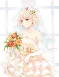 Rule 34 | 1girl, bare shoulders, blonde hair, bob cut, bouquet, bow, braid, closed mouth, collarbone, commentary, dress, earrings, elbow gloves, flower, gloves, hair flower, hair ornament, highres, holding, holding bouquet, jewelry, looking at viewer, lycoris recoil, misuzu (iridescence), nishikigi chisato, orange flower, orange rose, red flower, ring, rose, short hair, solo, veil, wedding dress, white flower, white rose, yellow bow