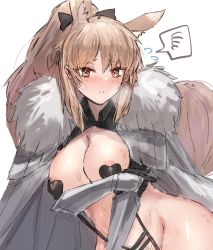 Rule 34 | 1girl, absurdres, areola slip, arknights, arm guards, black gloves, black leotard, blemishine (arknights), blush, breasts, breasts out, brown eyes, cape, female pubic hair, flying sweatdrops, fur-trimmed cape, fur trim, gloves, grey cape, heart pasties, heavy breathing, highleg, highleg leotard, highres, horn/wood, horse girl, horse tail, large breasts, leotard, long hair, looking at viewer, nose blush, pasties, ponytail, pubic hair, pubic hair peek, sidelocks, simple background, solo, speech bubble, spoken squiggle, squiggle, sweat, tail, very long hair, white background