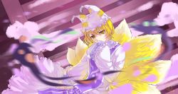 Rule 34 | 1girl, animal hat, blonde hair, covering own mouth, dated, dress, fox tail, hand to own mouth, hat, highres, long sleeves, looking at viewer, mob cap, short hair, signature, solo, stairs, tabard, tail, tansuan zhanshi, touhou, upper body, wide sleeves, yakumo ran, yellow eyes