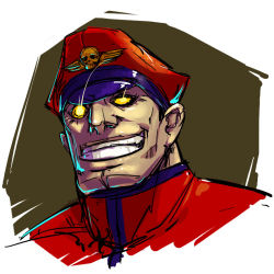 Rule 34 | 1boy, glowing, glowing eyes, hat, m. bison, male focus, no pupils, nose, palnos, peaked cap, portrait, simple background, solo, street fighter, street fighter iv (series), yellow eyes