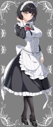 1girl akiba&#039;s_trip apron black_hair center_frills collared_dress commission dress flower frills full_body grey_pantyhose highres maid maid_headdress pantyhose rin_ateria rose sara_(akiba&#039;s_trip) short_hair skeb_commission solo waist_apron white_apron