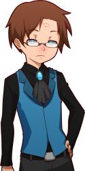 Rule 34 | 1boy, bad id, bad tumblr id, belt, belt buckle, bespectacled, blue eyes, brown hair, buckle, dark persona, dipper gleeful, expressionless, facial mark, forehead mark, glasses, gravity falls, hand on own hip, male focus, mike inel, solo, transparent background, vest