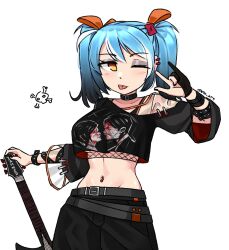 Rule 34 | 1girl, baggy clothes, belt collar, blue hair, breasts, brown eyes, collar, cowboy shot, crop top, crop top overhang, earrings, fishnets, gloves, goth fashion, groin, guitar, hair ornament, hairclip, highres, ii (peps art), instrument, jewelry, large breasts, midriff, multiple piercings, my chemical romance, navel, one eye closed, original, partially fingerless gloves, peps art, print shirt, punk, shirt, short twintails, simple background, swept bangs, tongue, tongue out, twintails, underboob, white background