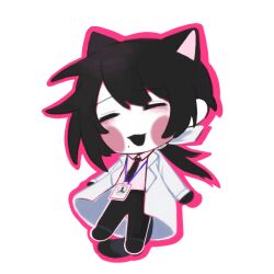 Rule 34 | 1boy, :3, animal ears, black gloves, black hair, black necktie, black pants, blush stickers, cat boy, cat ears, cat tail, chibi, chibi only, chinese commentary, closed eyes, collared shirt, commentary request, gloves, hair ribbon, kemonomimi mode, lab coat, lanyard, long hair, long sleeves, mo chengwei, mole, mole under mouth, necktie, open clothes, open mouth, outline, pants, pink outline, pink shirt, ponytail, ribbon, shange hupo, shirt, smile, solo, tail, touqi guaitan, white ribbon