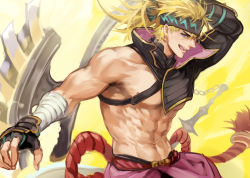 Rule 34 | 1boy, abs, axe, bad id, bad pixiv id, bandages, bare pectorals, battle axe, blonde hair, blue eyes, changye, chest harness, fate/grand order, fate (series), fingerless gloves, gloves, harness, headband, large pectorals, male focus, muscular, muscular male, navel, nipple slip, nipples, official alternate costume, over shoulder, pectorals, sakata kintoki (fate), sakata kintoki (heian warrior attire) (fate), single bare shoulder, single sleeve, smile, solo, spiked hair, weapon, weapon over shoulder