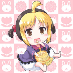 Rule 34 | 1girl, ahoge, anzu (hanamaru youchien), bad id, bad pixiv id, barefoot, blush, checkered background, chibi, child, chips (food), dyed bangs, eating, feet, food, hanamaru youchien, morujii, parted bangs, potato chips, solo, twintails