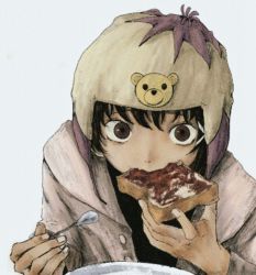 Rule 34 | 1girl, blue background, bread, bread slice, brown eyes, brown hair, brown hat, buttons, fingernails, food, hat, highres, holding, holding food, holding spoon, hood, hood down, hoodie, iwakura lain, jacket, jam, looking at viewer, open clothes, open jacket, plate, ranm12s, serial experiments lain, short hair, simple background, solo, spoon, toast, upper body