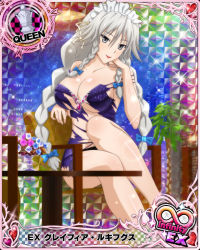 Rule 34 | 1girl, bare shoulders, blue bow, bow, braid, breasts, card (medium), chess piece, cleavage, dress, female focus, grayfia lucifuge, grey eyes, grey hair, hair bow, high school dxd, large breasts, long hair, looking at viewer, maid headdress, matching hair/eyes, mature female, official art, purple dress, queen (chess), red lips, sitting, smile, solo, torn clothes, twin braids