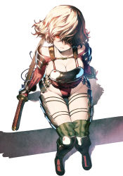 Rule 34 | 1girl, absurdres, armor, armored boots, bare shoulders, blonde hair, boots, breastplate, breasts, chyko, cleavage, closed mouth, collarbone, commentary request, detached sleeves, faulds, from above, fundoshi, greaves, hair over one eye, highres, holding, holding sword, holding weapon, japanese clothes, katana, kneehighs, large breasts, original, pauldrons, red eyes, red fundoshi, sheath, sheathed, shin guards, short hair, shoulder armor, simple background, sitting, socks, solo, swept bangs, sword, weapon, white background, wrist guards