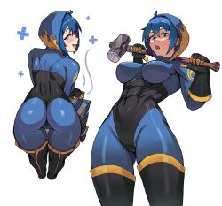 Rule 34 | 1girl, :d, abs, ass, black footwear, black gloves, blu pyro (tf2), blue bodysuit, blue eyes, blush, bodysuit, breasts, commentary, dispenser (team fortress), english commentary, flame print, from behind, genderswap, genderswap (otf), gloves, half-closed eyes, hammer, hands up, healing, highres, holding, holding weapon, hood, hood up, impossible clothes, large breasts, leaning forward, looking at viewer, looking back, looking down, multiple views, muscular, muscular female, open mouth, pyro (tf2), simple background, skin tight, sledgehammer, smile, team fortress 2, variant set, weapon, weapon on back, wersman, white background, zipper