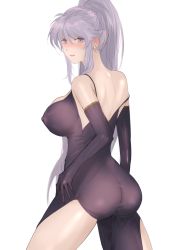Rule 34 | 1girl, alternate costume, ass, back, bare shoulders, blush, breasts, covered erect nipples, dress, elbow gloves, fire emblem, fire emblem: genealogy of the holy war, full-face blush, gloves, high ponytail, highres, ishtar (fire emblem), jtaka, large breasts, light purple hair, long hair, looking at another, looking at viewer, nintendo, no panties, ponytail, purple dress, purple eyes, see-through, shoulder blades, side slit, simple background, sleeveless, solo, very long hair, white background