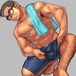 Rule 34 | 1boy, abs, armpit hair, armpits, bara, black-framed eyewear, blue male swimwear, bulge, clothes pull, commission, dark-skinned male, dark skin, foot out of frame, glasses, hairy, jammers, leg hair, long sideburns, male focus, male swimwear, muscular, muscular male, navel, nipples, one-piece swimsuit pull, original, pectorals, redmoons, short hair, sideburns, skeb commission, solo, stomach, thick eyebrows, topless male