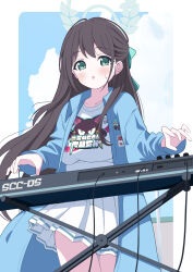 Rule 34 | 1girl, airi (band) (blue archive), airi (blue archive), black hair, blue archive, blue jacket, blush, collarbone, cowboy shot, green eyes, green halo, halo, highres, instrument, jacket, keyboard (instrument), long hair, long sleeves, official alternate costume, open clothes, open jacket, open mouth, pleated skirt, shirt, skirt, solo, white shirt, white skirt, zundamochi (sera)