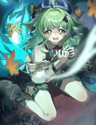 Rule 34 | 1girl, ahoge, animal ears, bare shoulders, crying, crying with eyes open, detached sleeves, eamut1, fiery tail, fox ears, fox girl, fox tail, full body, green eyes, green hair, hat, highres, honkai: star rail, honkai (series), huohuo (honkai: star rail), paper doll, paw-shaped pupils, scared, sitting, socks, solo, symbol-shaped pupils, tail, tail (honkai: star rail), talisman, tears, wariza, yin yang hair ornament