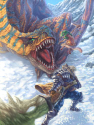 Rule 34 | 1boy, action, armor, bad id, bad pixiv id, battle, capcom, dragon, felyne, hisakata souji, huge weapon, jumping, male focus, monster hunter (series), open mouth, pickaxe, snow, striped, sword, tigrex, weapon, wyvern