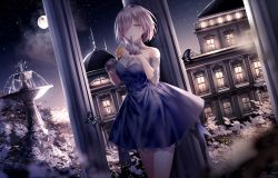 Rule 34 | 1girl, absurdres, animal, blue dress, blush, breasts, bug, building, butterfly, cleavage, closed mouth, commentary request, dress, fate/grand order, fate (series), fountain, full moon, gloves, hair over one eye, half gloves, highres, insect, junpaku karen, looking at viewer, mash kyrielight, mash kyrielight (chaldea dinnertime), medium breasts, moon, night, night sky, official alternate costume, outdoors, pillow, pink hair, purple eyes, see-through, sky, smile, solo, standing, star (sky), starry sky, strapless, window