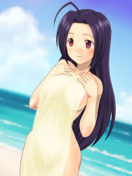 Rule 34 | 1girl, bad id, bad pixiv id, beach, breasts, covering privates, day, idolmaster, idolmaster (classic), light smile, long hair, miura azusa, muhi11234, naked towel, nude cover, purple hair, red eyes, see-through, solo, thigh gap, thighhighs, towel, wet