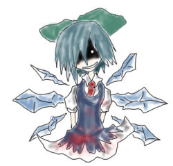 Rule 34 | blood, blue hair, blue theme, bow, cirno, creepy, evil, grin, hair bow, hair over one eye, horror (theme), smile, touhou, touhou hisoutensoku, wings