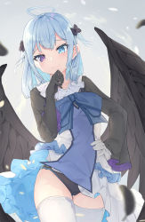 Rule 34 | 1girl, ahoge, black gloves, black panties, blue eyes, blue hair, bow, bowtie, cowboy shot, dress, feathered wings, gloves, hand on own hip, hand on own cheek, hand on own face, heterochromia, highres, long hair, long sleeves, looking at viewer, mishuo (misuo69421), original, panties, purple eyes, smile, solo, thighhighs, underwear, white gloves, white thighhighs, wings