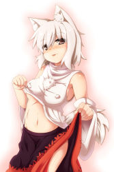 Rule 34 | 1girl, animal ears, bad id, bad pixiv id, blush, breasts, clothes lift, covered erect nipples, detached sleeves, hat, highres, inubashiri momiji, open mouth, red eyes, ryuu (multitask), shirt lift, short hair, silver hair, skirt, skirt hold, smile, solo, tail, tokin hat, touhou, wolf ears, wolf tail