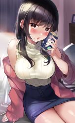 Rule 34 | 1girl, absurdres, alcohol, bare shoulders, bed, beer can, black hair, blue skirt, blurry, blush, breasts, brown eyes, can, commentary request, depth of field, drink can, drunk, hand up, highres, holding, holding can, jacket, large breasts, long hair, long sleeves, looking at viewer, mole, monoto, off shoulder, open mouth, original, pencil skirt, pillow, pink jacket, sidelocks, sitting, skirt, solo, sweater, sweater vest, thighs, white sweater