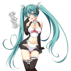 Rule 34 | 1girl, aqua eyes, aqua hair, asakura ryou (artist), bare shoulders, black thighhighs, blush, boots, breasts, cleavage, elbow gloves, gloves, goodsmile company, hair ribbon, hard-translated, hatsune miku, headphones, long hair, looking at viewer, navel, one eye closed, open mouth, ribbon, simple background, solo, tears, thigh boots, thigh gap, thighhighs, thighs, third-party edit, translated, twintails, very long hair, vocaloid, wink