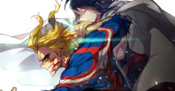 Rule 34 | 10s, 1boy, 1girl, all might, belt, black hair, black sclera, blonde hair, blood, blood on face, blue eyes, boku no hero academia, cape, clenched teeth, closed eyes, closed mouth, colored sclera, commentary request, floating hair, from side, ghost, glowing, glowing eyes, grin, hand on another&#039;s arm, incoming attack, incoming punch, long hair, motion lines, parted lips, profile, punching, shimura nana, short hair, simple background, smile, spirit, spoilers, superhero costume, teacher and student, teeth, torn clothes, white background, yagi toshinori, yukibi (ykb)