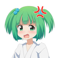 Rule 34 | 1girl, anger vein, angry, blunt bangs, cato (monocatienus), commentary, fang, green eyes, green hair, hair bobbles, hair ornament, highres, japanese clothes, kimono, kisume, looking at viewer, open mouth, portrait, short hair, simple background, skin fang, solo, touhou, twintails, v-shaped eyebrows, white background, white kimono