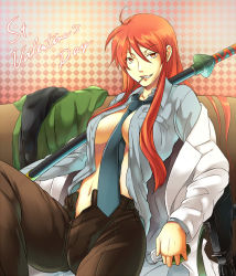Rule 34 | 1girl, between breasts, breasts, denim, grin, jeans, long hair, milcho, mouth hold, navel, necktie, open clothes, open shirt, original, pants, red hair, shirt, smile, solo, sword, unzipped, weapon