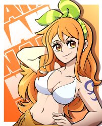 Rule 34 | 1girl, absurdres, arm behind head, bikini, breasts, character name, cleavage, collarbone, commentary, earrings, english commentary, green hairband, groin, hairband, hand on own hip, highres, jewelry, kermittend, large breasts, long hair, nami (one piece), navel, one piece, orange eyes, orange hair, shoulder tattoo, smile, solo, swimsuit, tattoo, upper body, white bikini