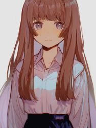 Rule 34 | 1girl, black skirt, brown eyes, brown hair, commentary request, grey background, hana moto, highres, long hair, long sleeves, looking at viewer, original, shirt, simple background, skirt, solo, tearing up, upper body, white shirt