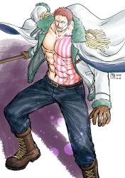 Rule 34 | 1boy, abs, bare pectorals, boots, bulge, charlotte katakuri, chest tattoo, coat, coat on shoulders, cosplay, denim, epaulettes, fangs, holding, holding polearm, holding weapon, jeans, knee boots, kokorozashi, large pectorals, looking at viewer, male focus, muscular, muscular male, navel, no nipples, one piece, open clothes, open coat, pants, pectorals, polearm, short hair, smoker (one piece), smoker (one piece) (cosplay), solo, stitches, stomach, tattoo, weapon, wind