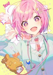 Rule 34 | 1girl, bag, blue cardigan, candy, cardigan, cellphone, commentary, fish, food, hair ornament, hairclip, highres, holding, holding food, lanyard, lollipop, looking at viewer, necktie, ootori emu, open mouth, phone, pink eyes, pink hair, project sekai, red necktie, shirt, short hair, signature, simple background, smile, solo, sparkle, star-shaped pupils, star (symbol), symbol-shaped pupils, upper body, white background, white shirt, wrapped candy, yellow background, yuhi (hssh 6)