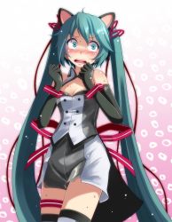 Rule 34 | 1girl, absurdres, animal ears, aqua eyes, aqua hair, bad id, bad pixiv id, bare shoulders, black legwear, blush, bracelet, breasts, buttons, cat ears, cleavage, cowboy shot, double-breasted, elbow gloves, female focus, gloves, gradient background, hair ribbon, hatsune miku, highres, jewelry, kemonomimi mode, long hair, looking at viewer, nijigen dream fever (vocaloid), nose blush, open mouth, pink background, project diva (series), red ribbon, ribbon, round teeth, sanpaku, shorts, sleeveless, small breasts, solo, standing, surprised, sweat, tareme, teeth, thigh strap, tsukishiro saika, twintails, very long hair, vest, vocaloid, wavy mouth, wide-eyed