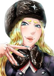 Rule 34 | 1girl, absurdres, blonde hair, blue eyes, blue nails, blush, bro.you-yan, buttons, coat, fur hat, fur trim, hand up, hat, highres, kolin, lips, long hair, looking at viewer, looking down, nail polish, parted lips, simple background, smirk, smug, solo, street fighter, street fighter v, teeth, thick eyebrows, tongue, ushanka, wavy hair, white background, winter clothes, winter coat